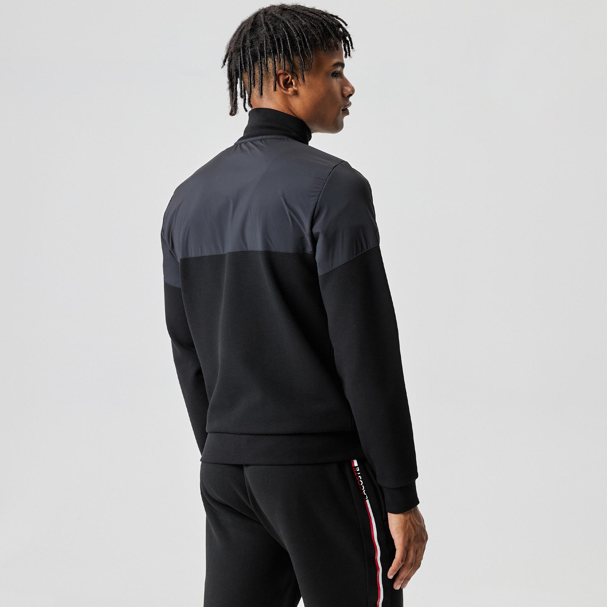  Lacoste Slim Fit Dik Yaka Renk Bloklu Fermuarlı Erkek Siyah Sweatshirt