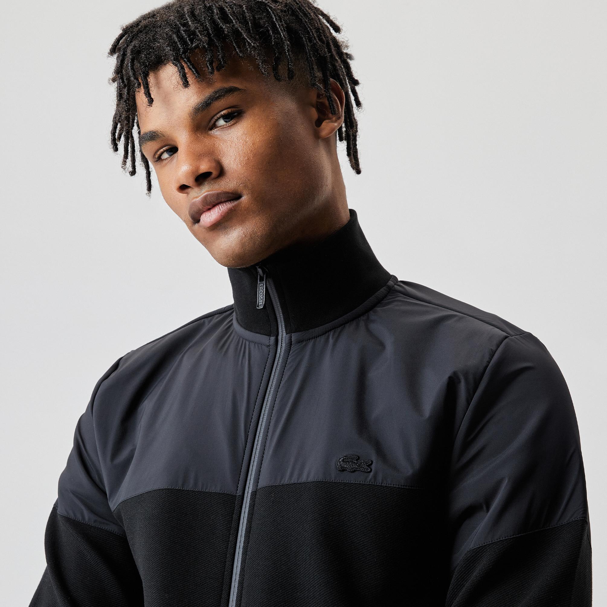 Lacoste Slim Fit Dik Yaka Renk Bloklu Fermuarlı Erkek Siyah Sweatshirt