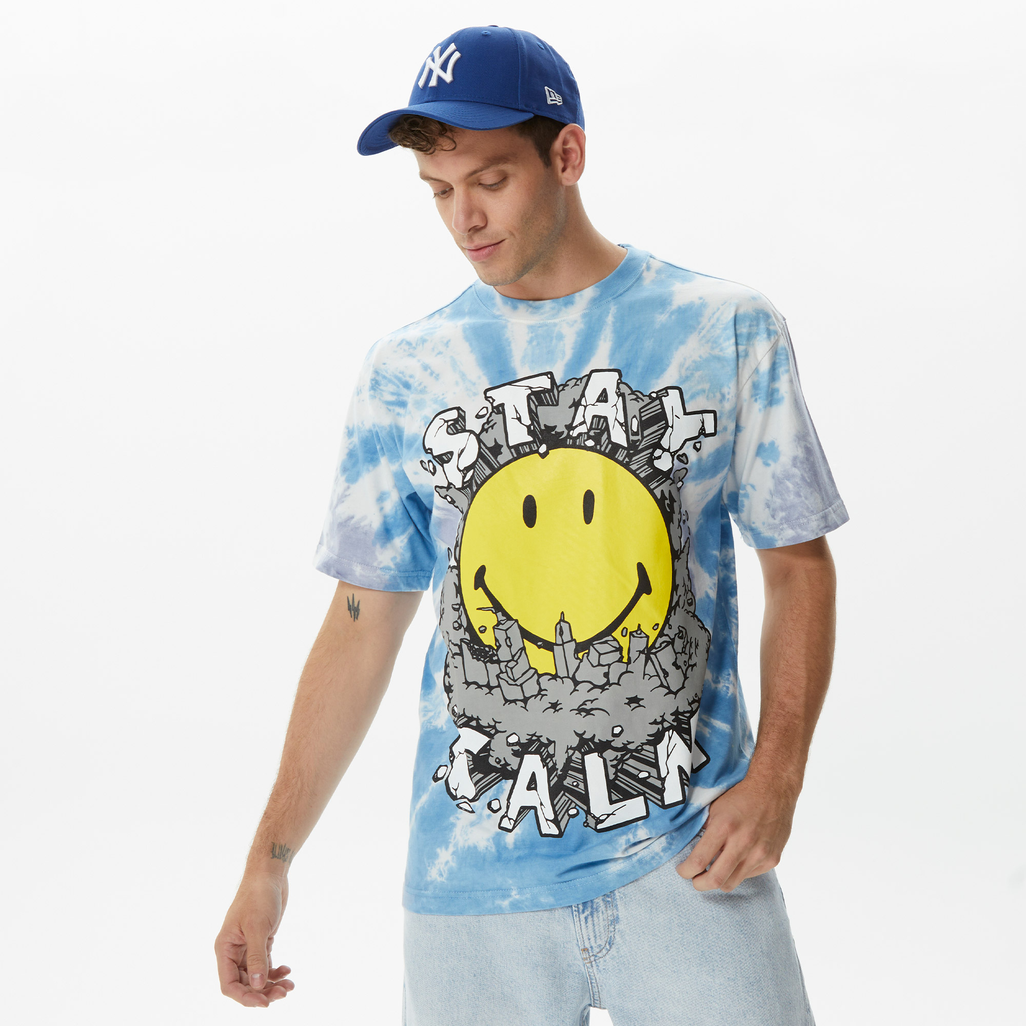 Market Smiley Stay Calm Tie-Dye Erkek Mavi T-Shirt