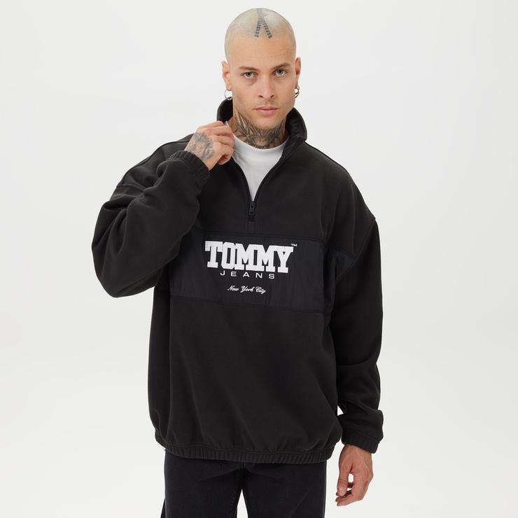 Tommy Hilfiger Oversize Fabric Mix /2 Zip Polar Erkek Siyah Sweatshirt