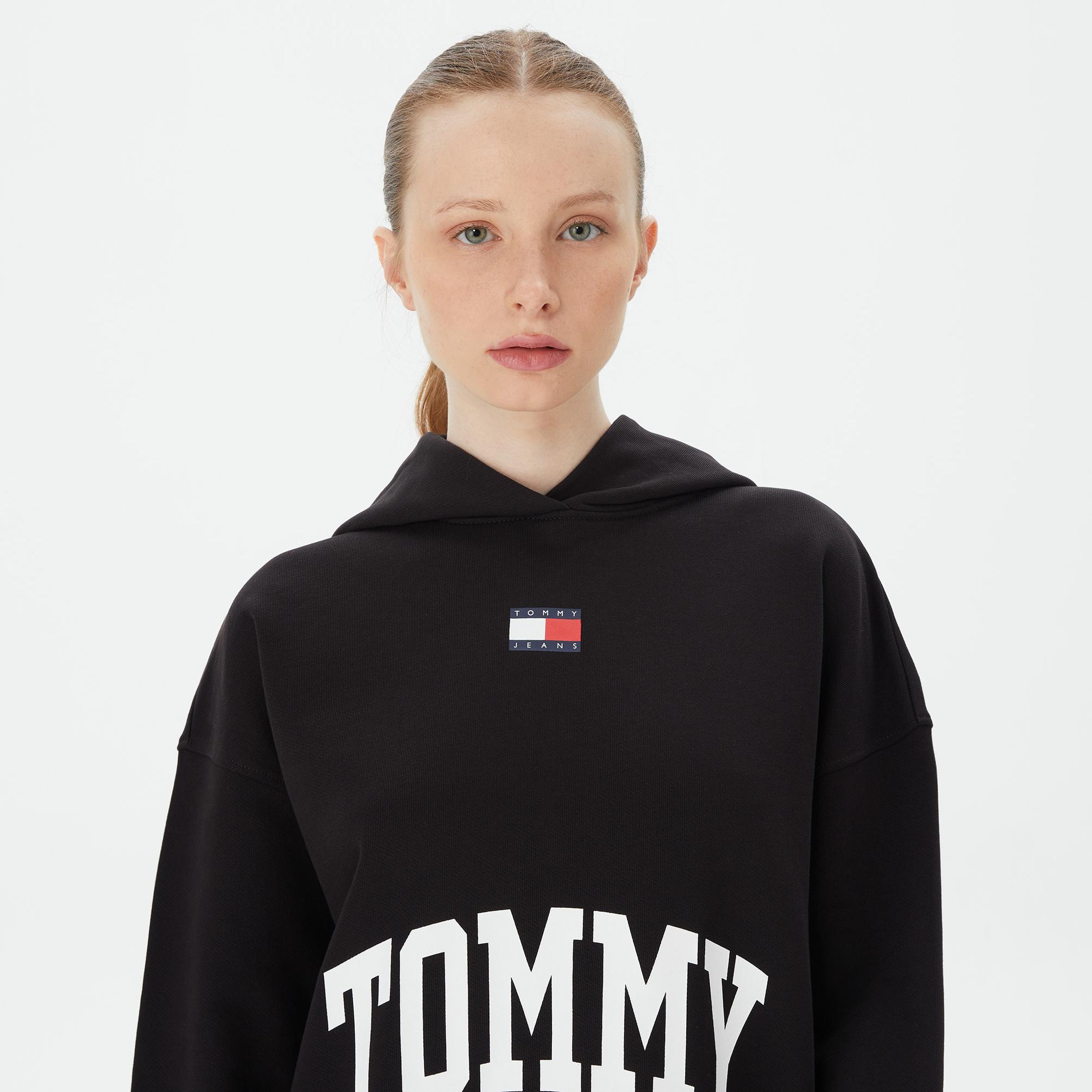  Tommy Hilfiger Oversize New Varsity Hoodie Kadın Siyah Sweatshirt